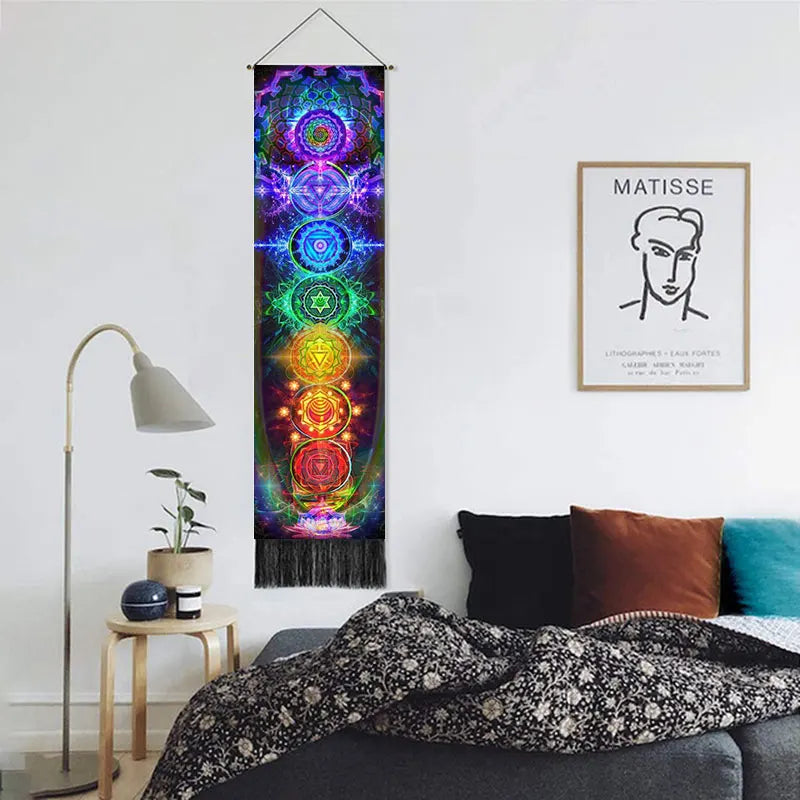 Printed Rectangle Cotton-Linen Colorful Multicolor Seven Chakra Spiritual Meditation Wall Hanging Tapestries