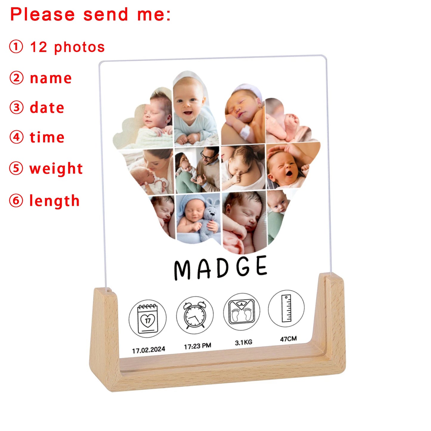 Customized Wood Base Clear Acrylic Plate Rectangle Newborn Babies First Year 12 Photo-Babies Name Display Frames/Colors-Brown/Beige/Clear