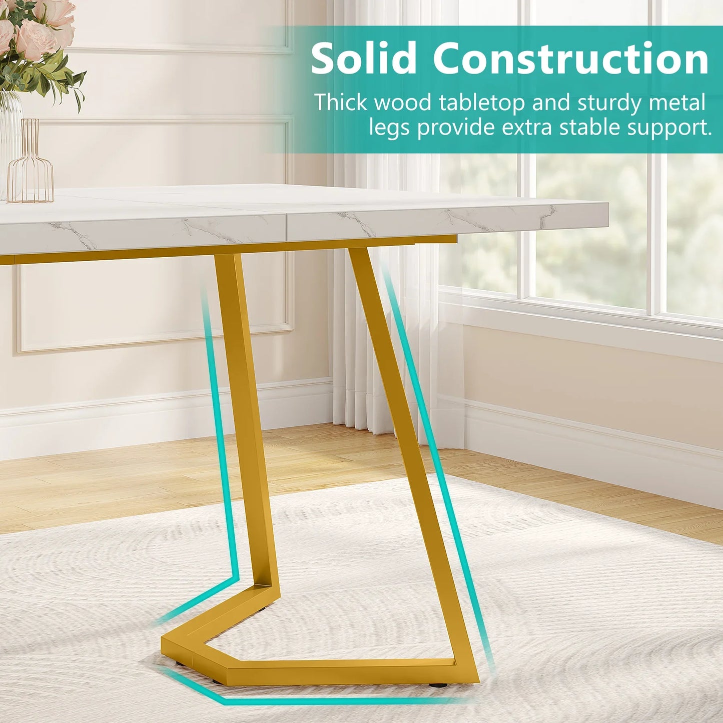 Tribesigns Waterproof Scratch-Resistant Rectangle Modern Dining Table Faux White Marble Table Top w/ Metal Golden Legs/Size: 31.49"D x 55.11"W x 29.52"H