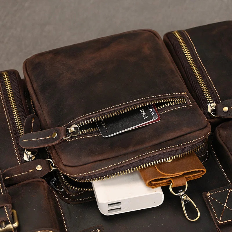 Men Luufan Vintage Zipper Cow Leather Briefcase Bags/Fits 15.6 Inch Laptop/Handles/Shoulder Straps/Single-Laptop Compartments/External Pockets/