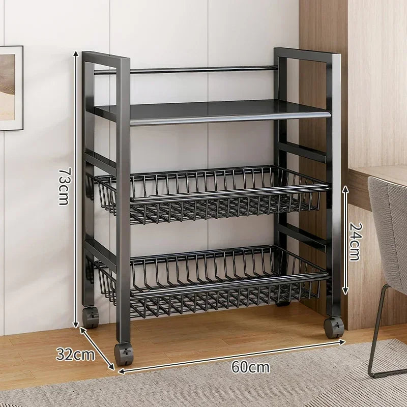 Kitchen Black-Brown Color Adjustable Height Pine Wood-Metal Storage Rack Movable Carts/360° Rotating Wheels