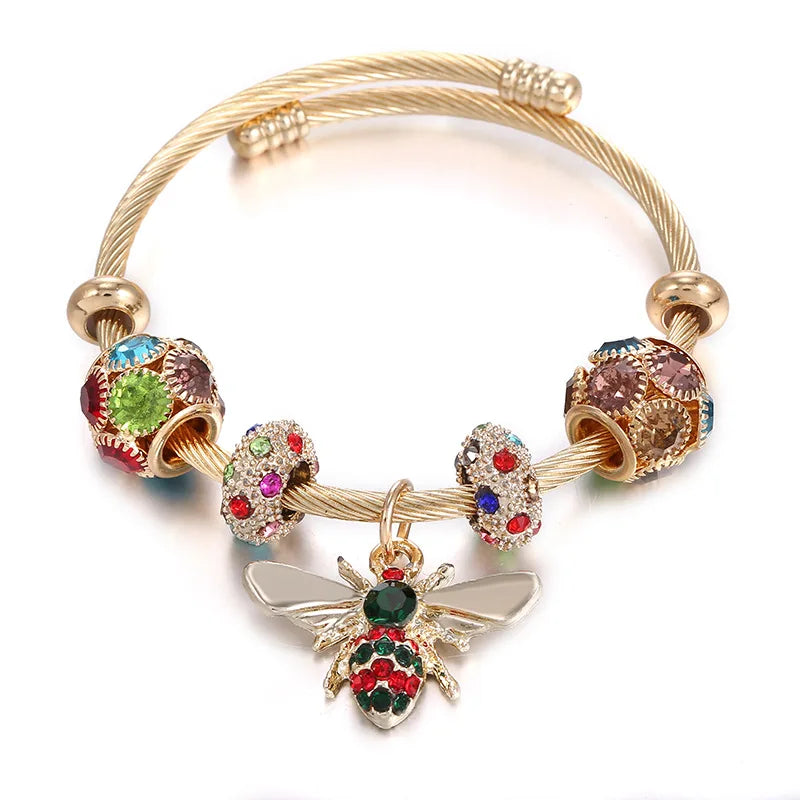 Women Round Titanium Steel Metal Inlay Imitation Crystal Rhinestone Bee Shape Gold-Black Balls Toggle-Clasps Bangle Charm Bracelets/Colors-Gold/Silver/Red/Clear/Pink/Geometric