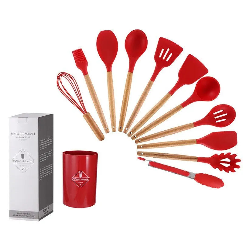 Kitchen 12 PCS Set Green Wood Handles Non-Stick Silicone Utensils-Storage Bucket/Colors-Black/Red/Green/Blue/Multicolor