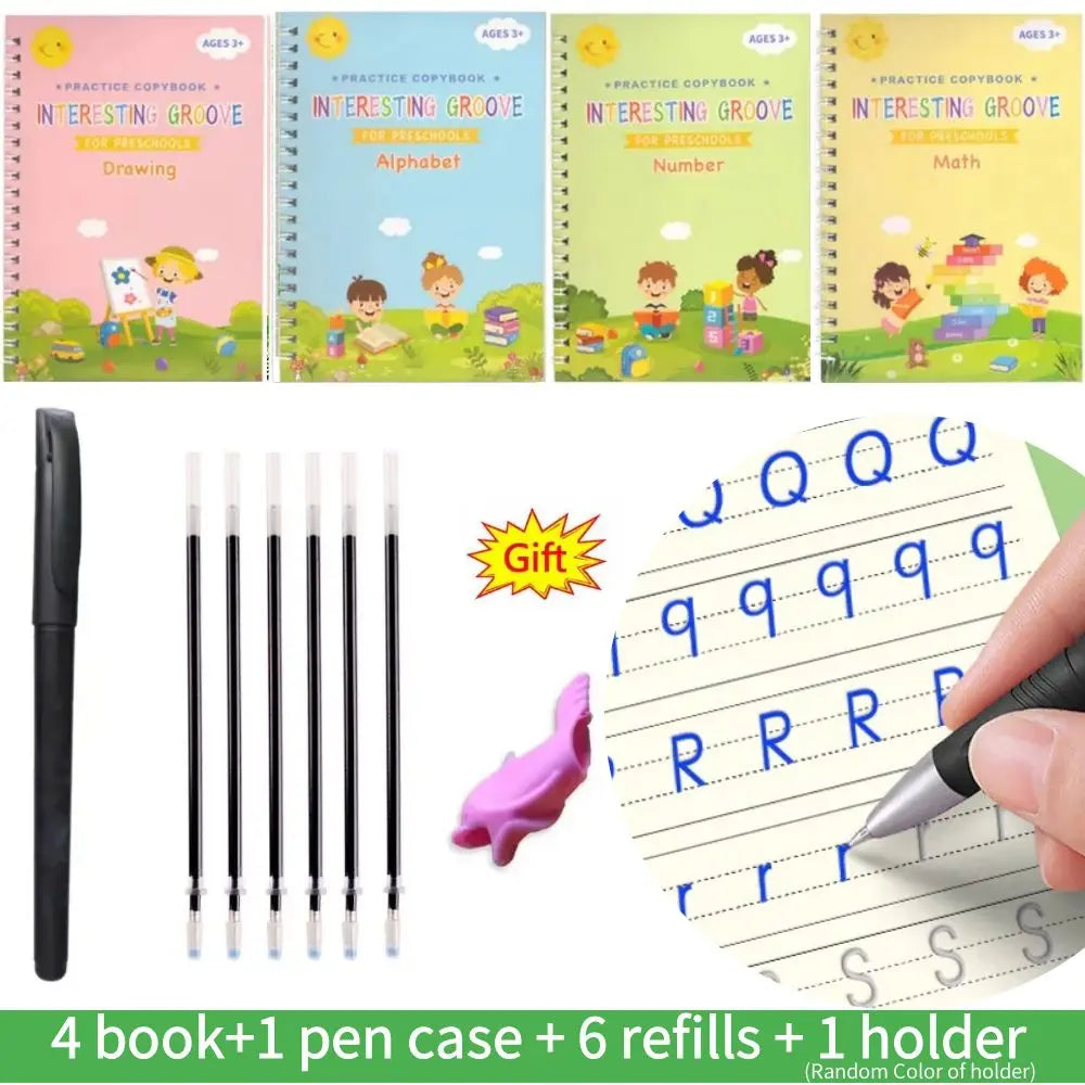 No-EN-Name-Null Kids 4 PCS English Groove Magic Practice Writing Letters-Numbers White Thick Cardboard Multicolor Paperback Copybooks Reading Toys /Ages: 1-14 Years Old-Older /Pens/Pen Grip