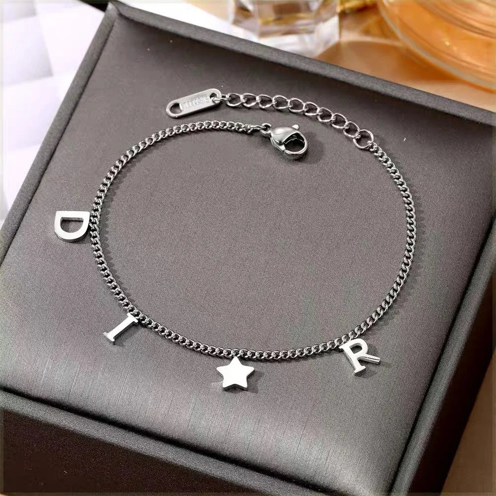 Unisex Korea Imitation Stainless Steel Link Chain Star-Letter Alphabet Charm Bracelets/Colors-Gold/Rose Gold/Silver