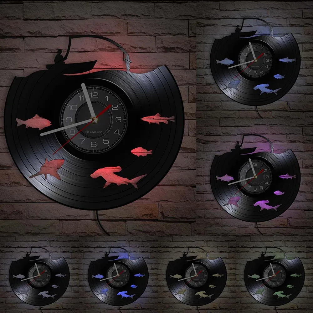 Retro Handmade Plastic Vinyl Record Gone Fishing Silhouette Of Fisherman Catching A Fish With Rod-N-Reel Wall Clocks/Battery Not Included/ 1 AA Battery Size/With-Without LED Light/Colors-Black/Geometric