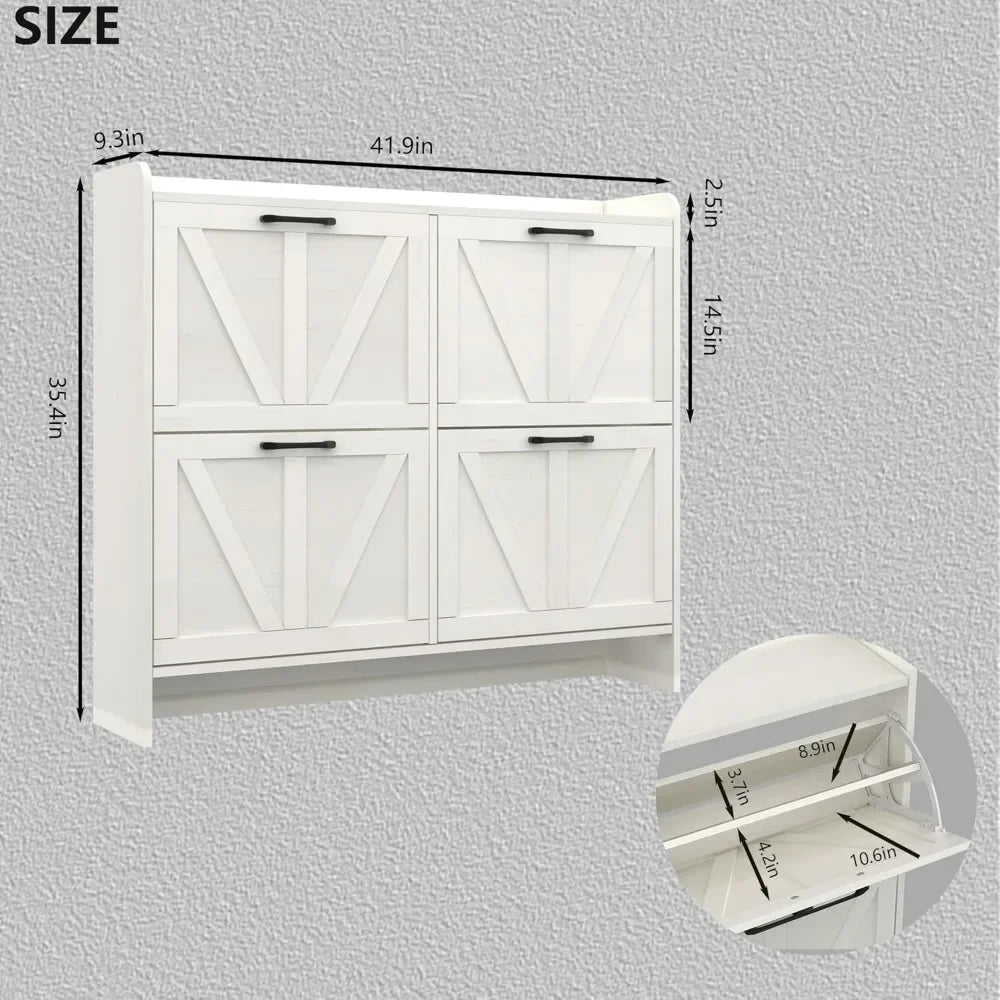 Wood Shoe Cabinet w/ 4 Flip Drawers, Shoe Storage Cabinet for Entryway/Dimensions: 9.3"D x 41.9"W x 35.4"H/Colors- Rustic Brown/ White