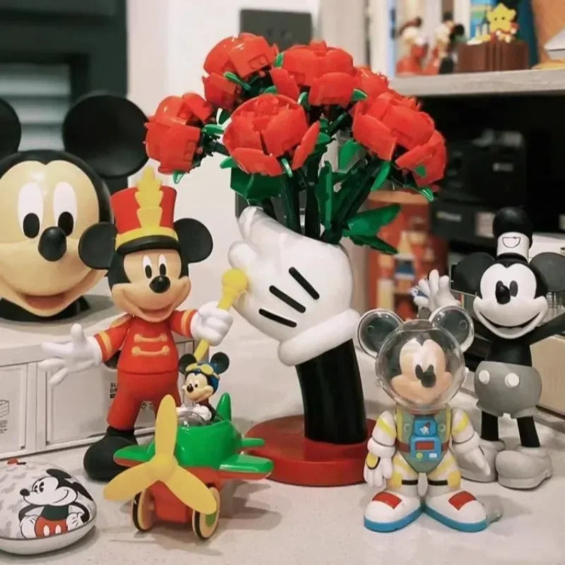 Kids Desktop PVC Cartoon Movie Mickey Mouse Hand-Arm Holding Vase Artificial Roses Model/Colors-Black/Red/White