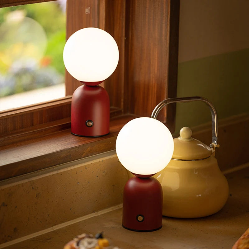 Nordic Iron Shadeless Tri-Color LED Touch Switch Round White Rechargeable Li-Ion Battery Touch Switch Stepless Dimming Table Lamps /Type C Port USB Charging/Colors-Red/Pink/Yellow/Black