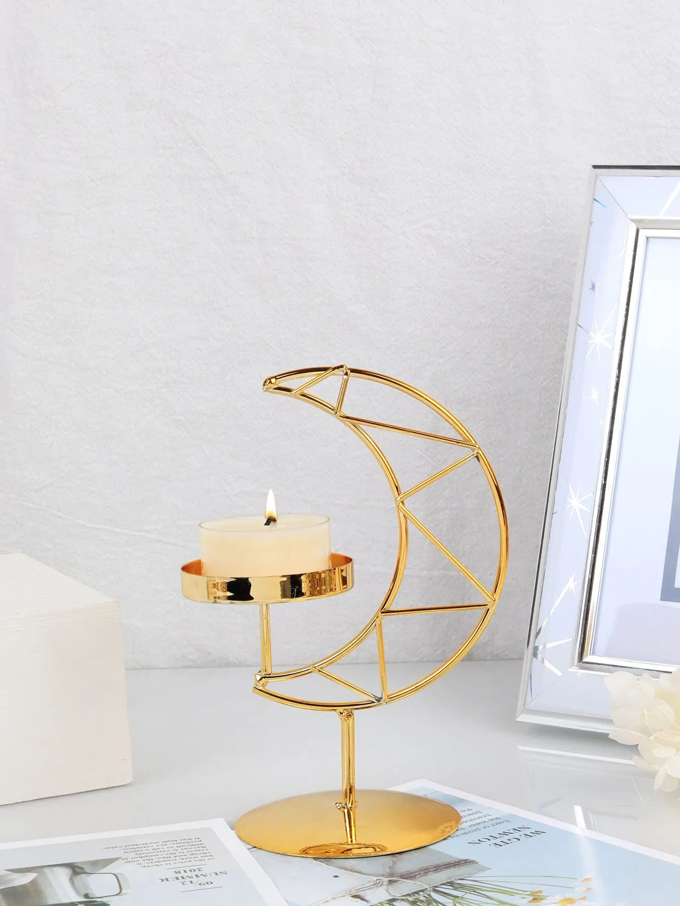 Gold Iron Colored Hanging Half-Moon Shaped Standing Small Tealight Candle Stand Holders