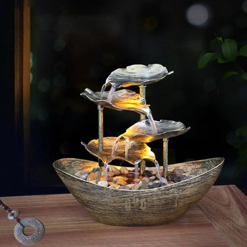 Modern Small LED Lights Metal Flowing 4-Tiers Realistic Lotus Leaf Ultra-Deep Boat Shape Open Basin Pebble Circulating Soothing Desktop Fountains/USB Power Cord/Colors-Bronze/Gold/Silver/Brown