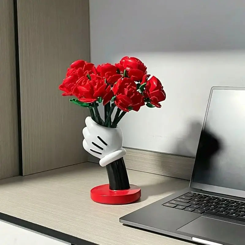 Kids Desktop PVC Cartoon Movie Mickey Mouse Hand-Arm Holding Vase Artificial Roses Model/Colors-Black/Red/White