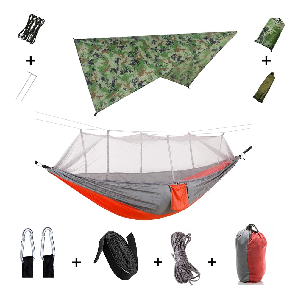 Outdoor Lightweight Waterproof Portable Nylon Mosquito Net-Rope Sleeping Camping Tarp Hammocks/Colors-Camouflage/Gray/Pink/2 Tree Straps/2 Steel Carabiners/Hammock Bag/Load Bearing Weight : 440 lbs