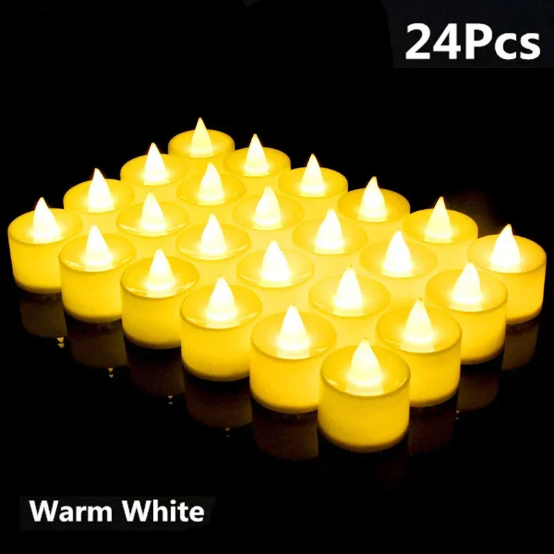 White 12-24-48 PCS Set Small Tealight Plastic Round Flameless LED Electronic Glowing Pillar Candles/Battery Included