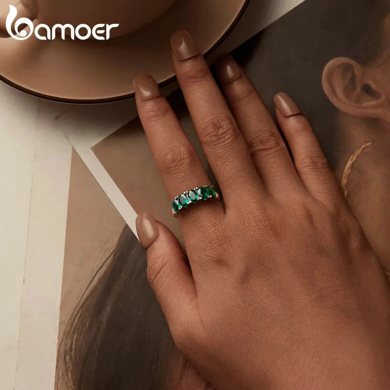 BAMOER 925 Sterling Silver Luxury Green Zircon Ring Stacked Oval Stone Finger Ring for Women Party Exquisite Fine Jewelry Gift