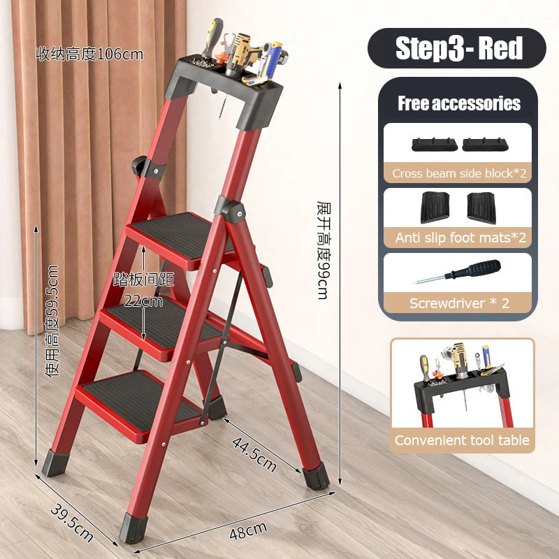 4 Tiers Lightweight Anti-Slip Folding Carbon Stainless Steel Portable Step Stool Ladders/ 3 Steps/ 4 Steps/Colors-Black/Red