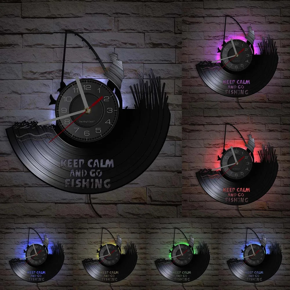 Retro Handmade Plastic Vinyl Record Gone Fishing Silhouette Of Fisherman Catching A Fish With Rod-N-Reel Wall Clocks/Battery Not Included/ 1 AA Battery Size/With-Without LED Light/Colors-Black/Geometric