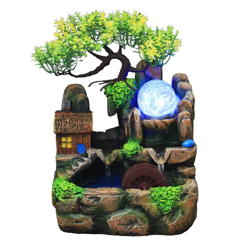 Feng Shui Water Fountain Indoor Waterfall Desktop Ornaments with Led Lights Resin Rockery Flowing Water Office Home Decor Gifts