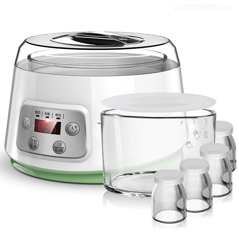 Borosilicate Glass Low-High Non-Adjustable Temperature PTC Heating Element Automatic Power-Off Yogurt Maker Machines/ 3-1 Functions: Yogurt-Natto-Rice Wine/Colors-Clear/White/Power: 20 Watts-220 Voltage