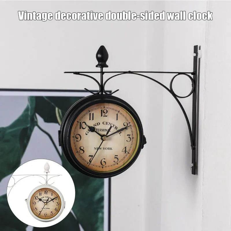 Retro European Acrylic Round Double-Sided Vintage Quartz Metal Bracket Wall Clocks/Colors-White/Black/ 1-AA Carbon-Zinc Battery (Not Included)