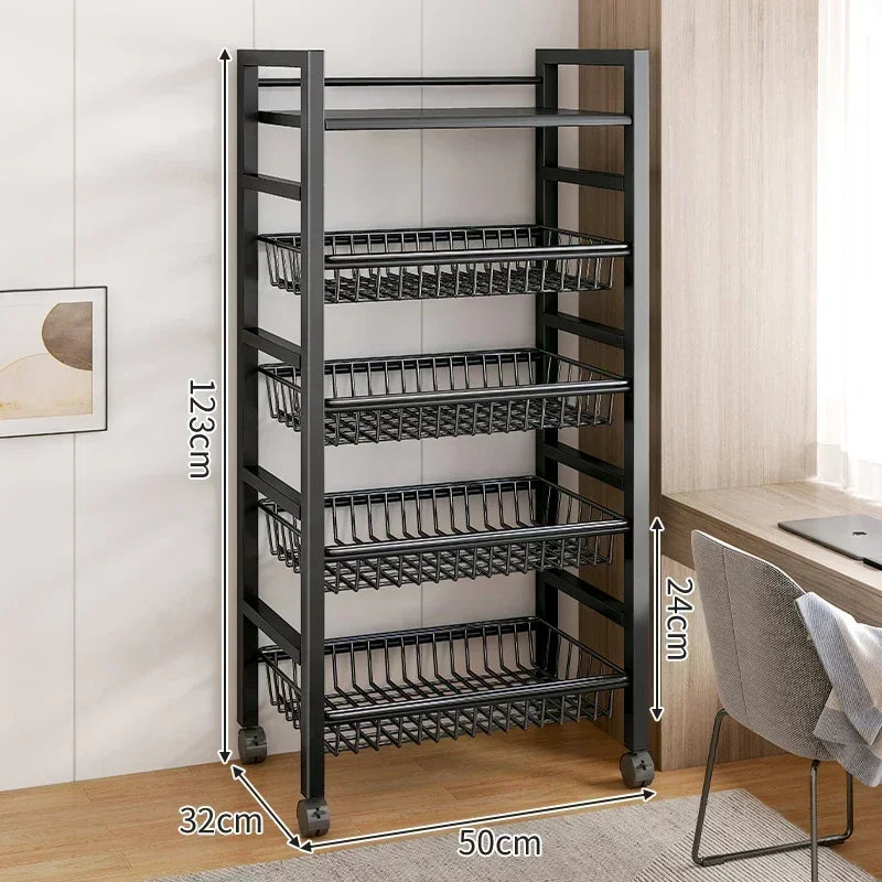 Kitchen Black-Brown Color Adjustable Height Pine Wood-Metal Storage Rack Movable Carts/360° Rotating Wheels