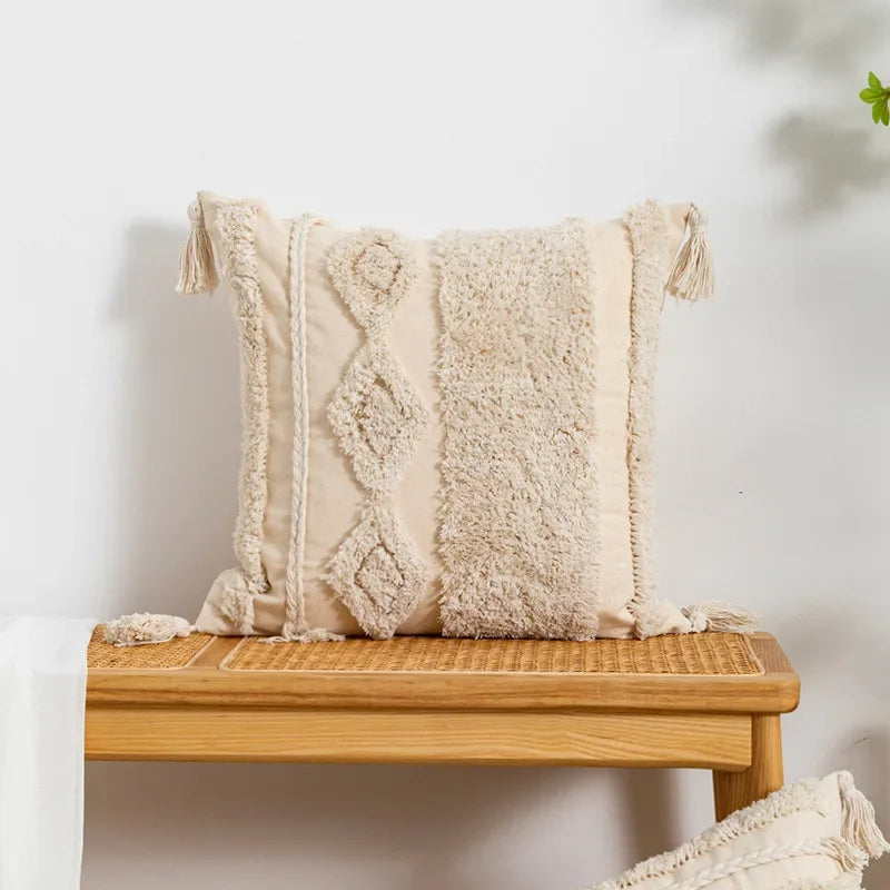 Tufted Beige Embroidered Linen /Polyester Tasseled Throw Pillows /Sizes -45 x 45cm /30 x 50cm
