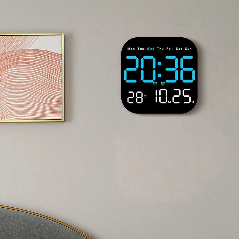 Modern USB Plug-In Black Plastic Square LED Large Digital Display Timing Function Remote Control Temperature-Week-Date Alarm Wall Clocks