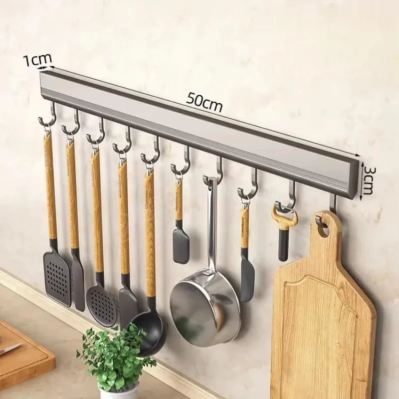 Kitchen Aluminum Wall Mounted Drill-Free Inserted Rubber Ring Hanging 6-8-10 Hooks Utensil Rack/Use Super Glue/Suitable For Smooth Non-Porous Surfaces/Colors-Silver/Gray