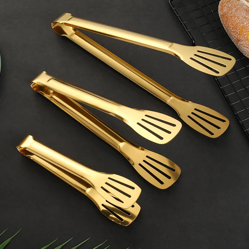Kitchen Durable Stainless Steel BBQ Cooking Tongs/Colors-Gold/Black/Silver