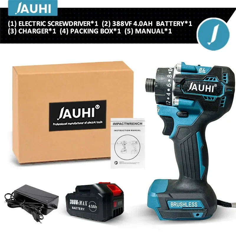 JAUHI Industrial Grade 388VF Red Button-Blue-Black Pistol Handle Brushless Electric Impact Wrench Rechargeable Lithium Battery-Powered Cordless Drill Power 18V Screwdrivers/Adapts To Makita 18V Lithium Battery/Colors-Black/Red/Gray/Blue