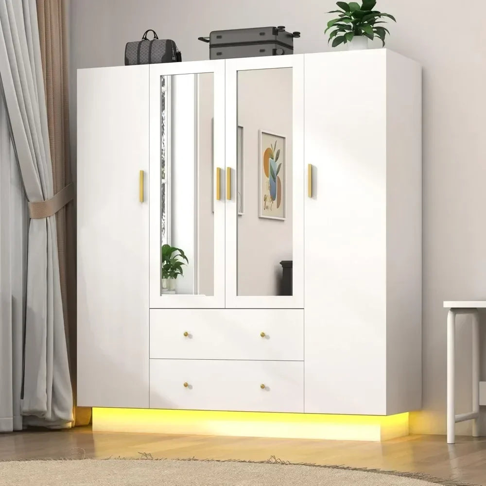 4 Door Armoire Mirrored Wardrobe Closet w/ 2-Way Remote Control LED Lighted Armoire/ 2 Drawers/Colors-White/Purple/Black/Dimensions: 19.7"D x 47.2"W x 70.1"H