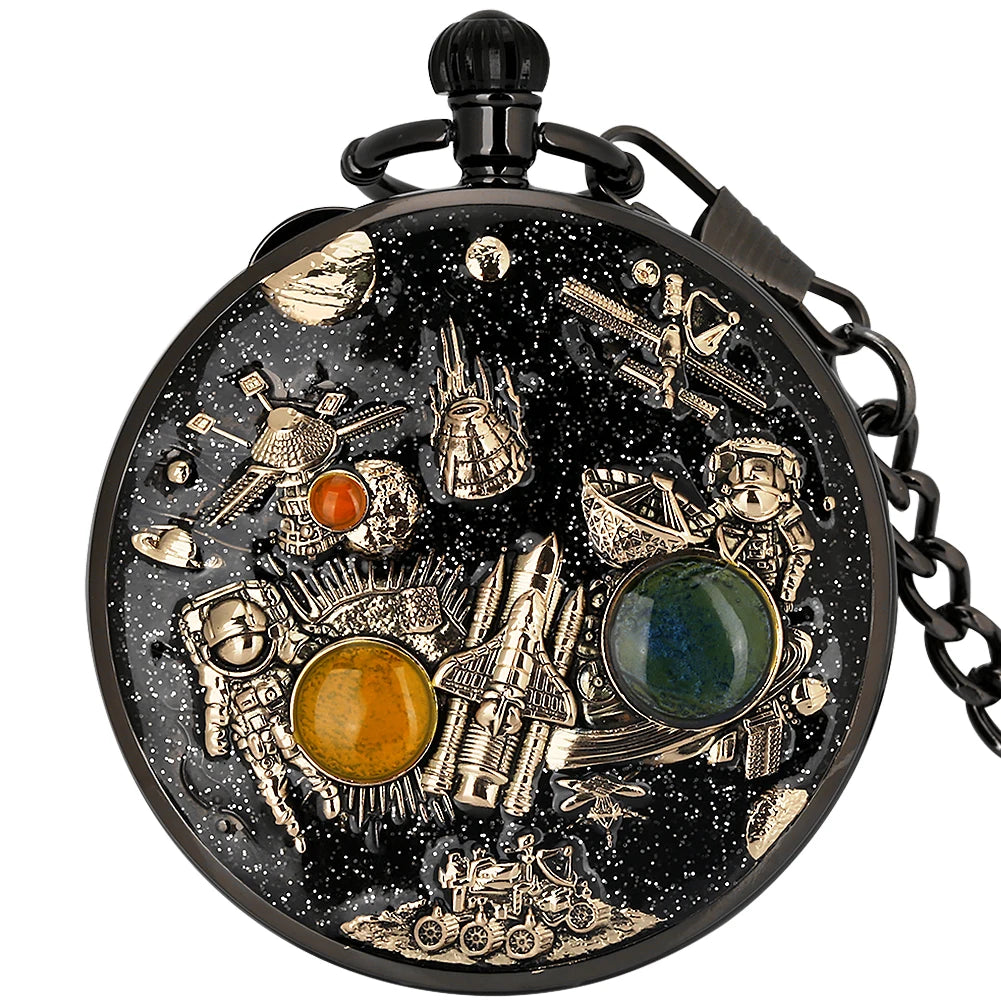 YISUYA Adults Men Quartz Acrylic Face Round Case Analog Display Black Background Gold Planets-Stars-Astronaut-Space Capsule-Shuttle-Satellites-Lunar Roving Vehicle Two Orange-Dark Green Stones Chain-Pocket Watches