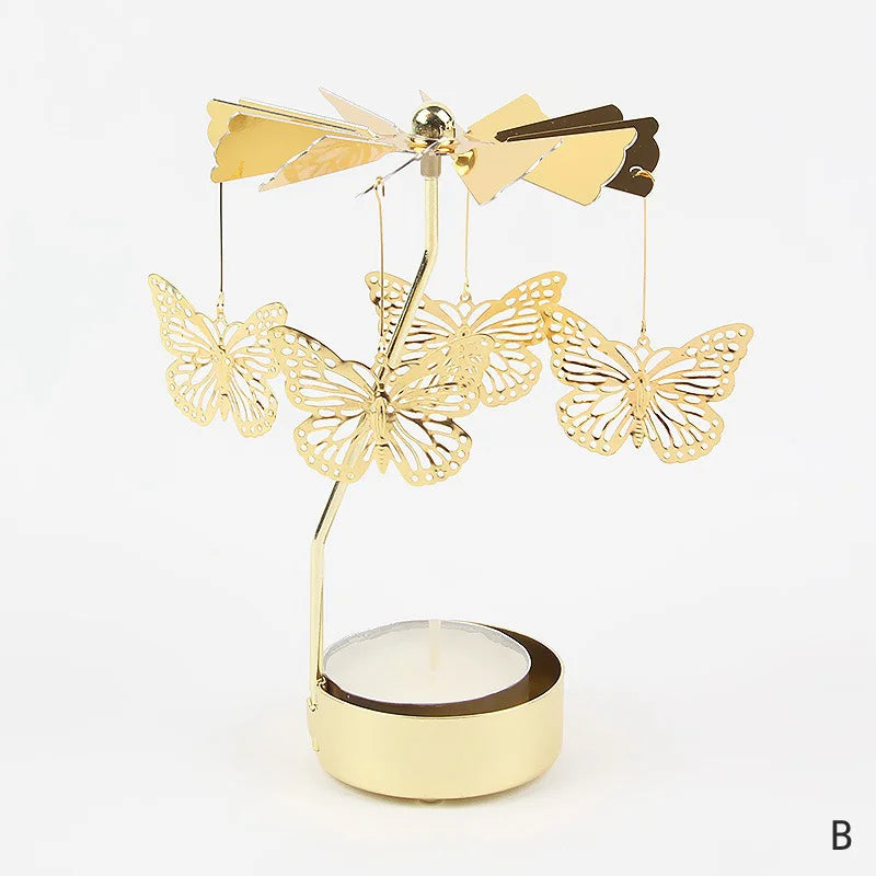 Gold Stainless Steel Metal Rotating Carousel Deer-Snowflake Small Tealight Candleholders