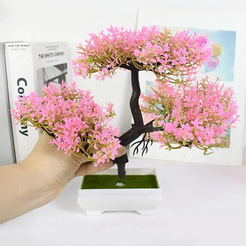 Artificial Small Bonsai Plastic Non-Flowering Plant-Rectangle Flower Pot/Colors-Floral/Green/Black/Pink
