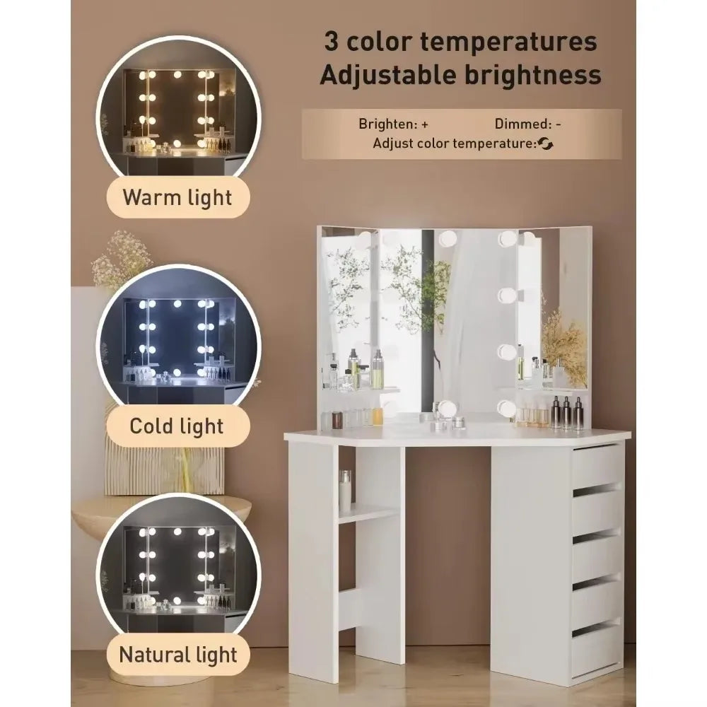 Modern Corner Wood Lighted Mirrored Women Make-Up Vanity Desk /Drawers/Colors-White/Brown/Gray