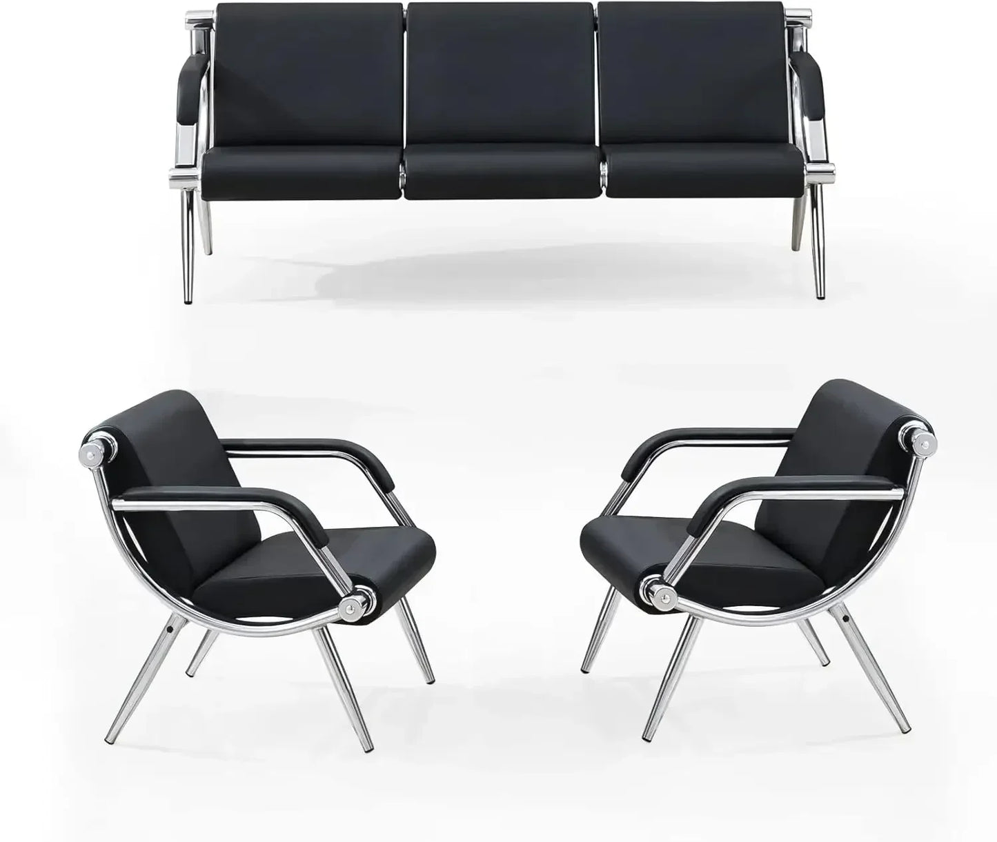 No-EN-Name-Null Black Soft PU Leather Upholstered Padded Foam Cushion Alloy Steel Metal Armrests-Legs Frame Lumbar Support Waiting Room Benches/ Maximum Weight 340 Pounds