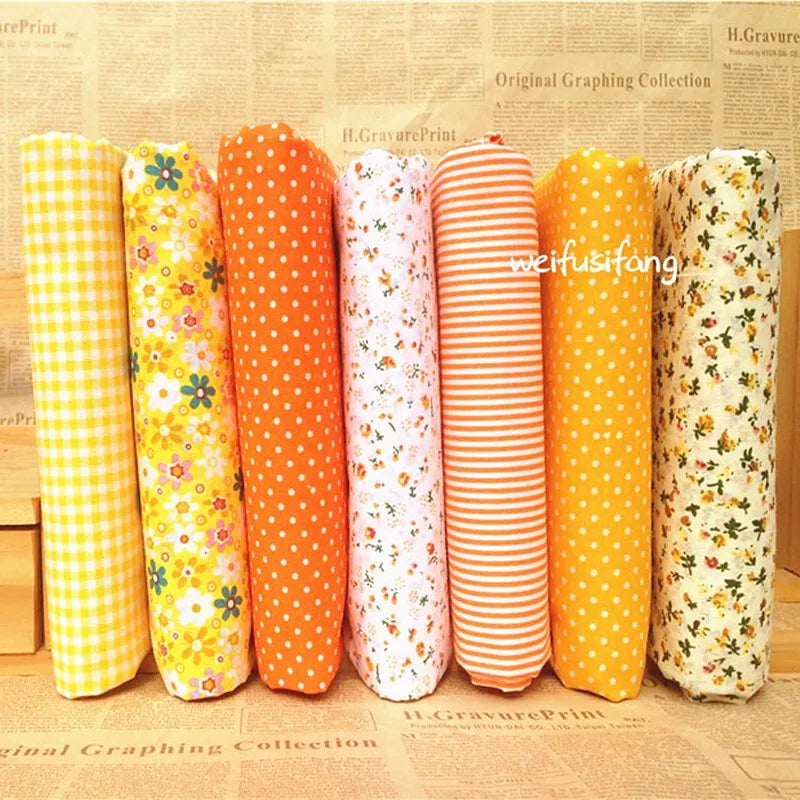 1-Set 7 Different Colors Handmade Warp Knitted Squares Laminated Printed 100% Cotton Patchwork Quilting Brocade Fabric Cloths/Floral/Striped/Geometric Designs/Machine Washable/Ironing Instructions