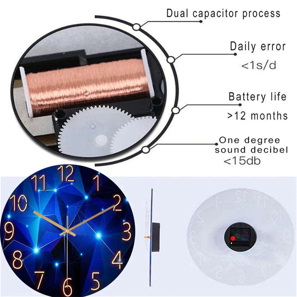 Large Frameless Geometric Single-Face Elements Dark Blue Thickened Tempered Glass Silent Movement Crystal Quartz Wall Clocks
