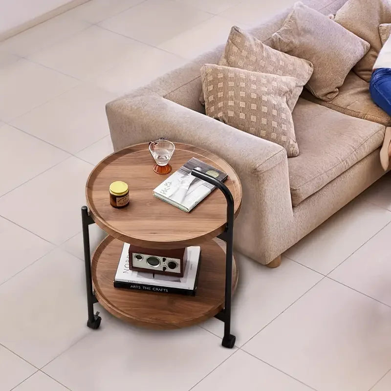 Wood Colored Small Double Layer End Table /3 Tripod Wheels/ Metal Frame/Colors- Gray/Brown/White