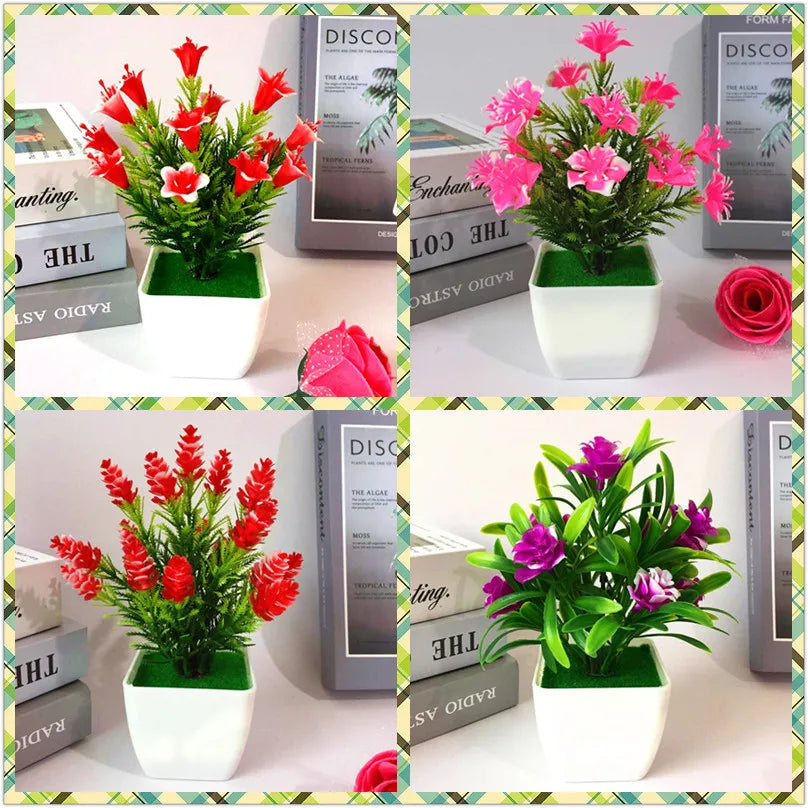 Plastic Bonsai Magnoliopsida Small Flower Pot Artificial Plants/ Colors-Red/Floral