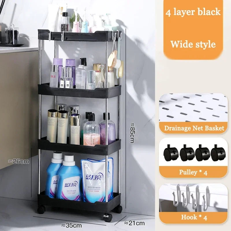 Kitchen Black-White 3-4 Tiers Shelves Non-Folding Slim Storage Plastic Carts/360 Rotation-4 Plastic Wheels/Colors/White, Black