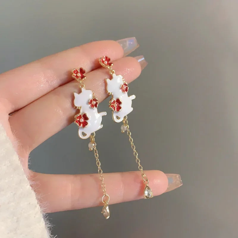 Women-Teen Girls Metal Long Tassel Asymmetrical Enamel Needle Cute Cartoon Cats Coffee-Teacup Dangle Drop Fine Imitation Earrings/Colors-Green/Multicolor/Geometric/Animals