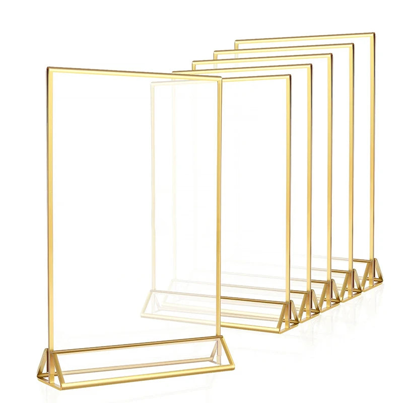 Indoor Gold Edge Color Rectangle Rounded Corner Transparent Clear Acrylic Tabletop Flyer Holder Display Stand Triangle Frame Base/2 Sizes: 4 x 6 Inches-5 x 7 Inches