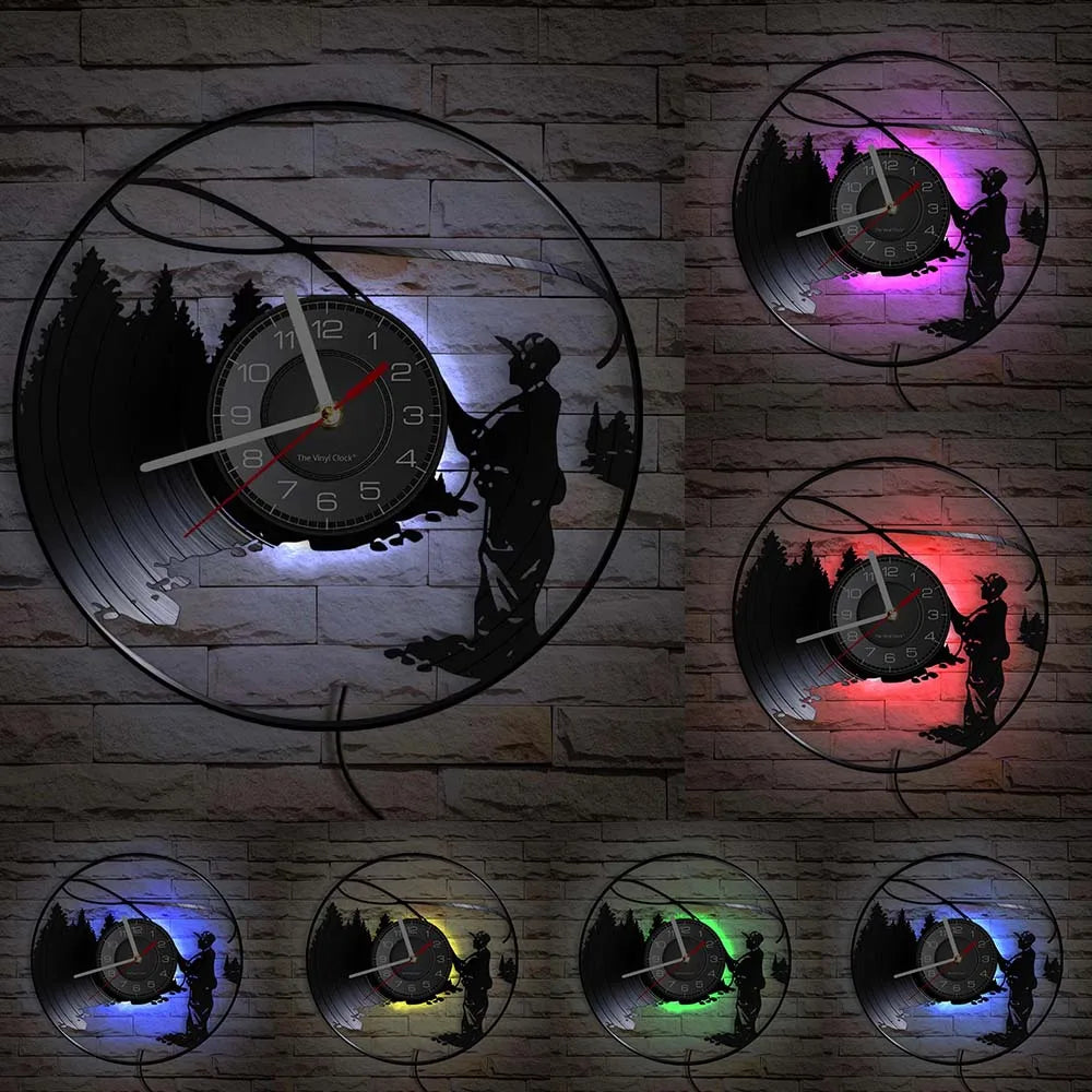 Retro Handmade Plastic Vinyl Record Gone Fishing Silhouette Of Fisherman Catching A Fish With Rod-N-Reel Wall Clocks/Battery Not Included/ 1 AA Battery Size/With-Without LED Light/Colors-Black/Geometric