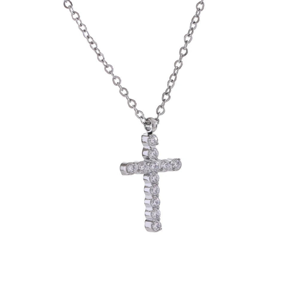Yhpup Delicate Shiny Cubic Zirconia 316L Cross Pendant Necklace for Women Stainless Steel High Quality Jewelry Water Resistant