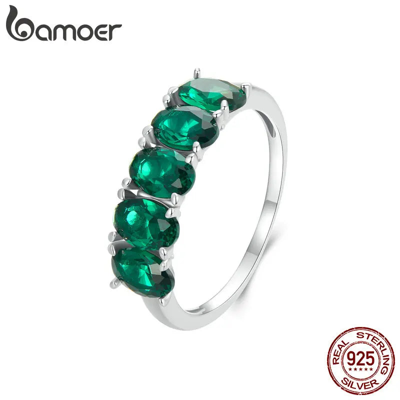 BAMOER 925 Sterling Silver Luxury Green Zircon Ring Stacked Oval Stone Finger Ring for Women Party Exquisite Fine Jewelry Gift