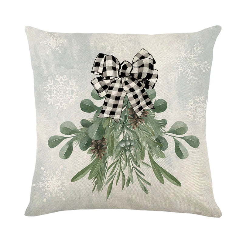 4 PCS Set Christmas Linen Snowman-Elk-Yarn Mittens-Christmas Tree-Wreath Plaid Throw Pillows/Colors-White/Red/Gray/Plaid