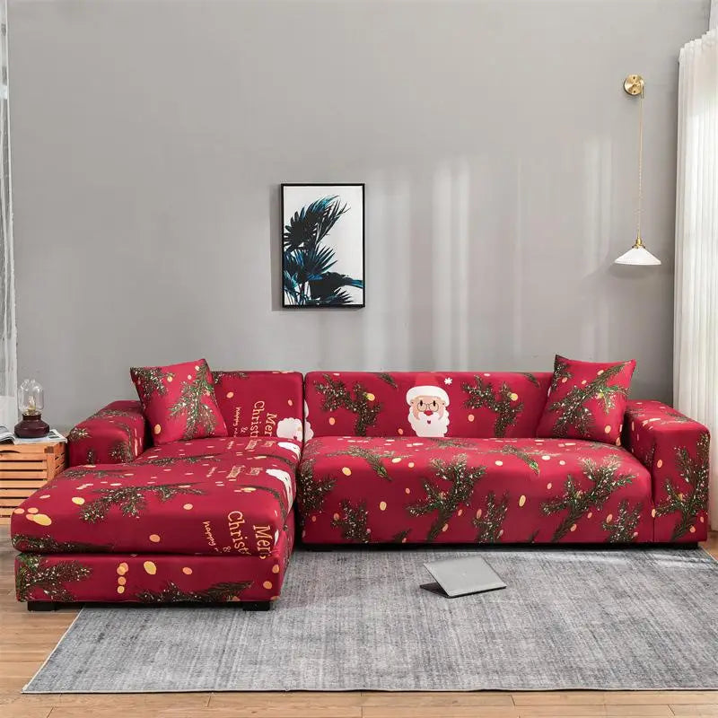 Christmas Theme Red-Green Polyester-Spandex 1-4 Seater L-Shape-Sectional Sofas Stretch Non-Slip Slipcovers