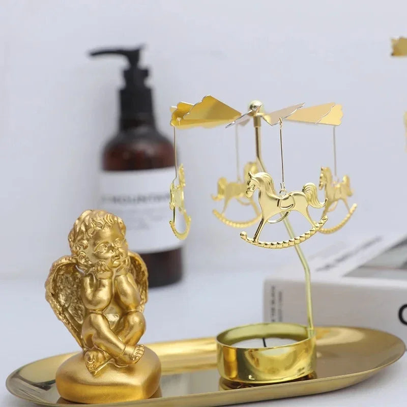 Gold Metal Rotating Fairies Flying Around Small Tealight Round Base Candleholders/No Candle/