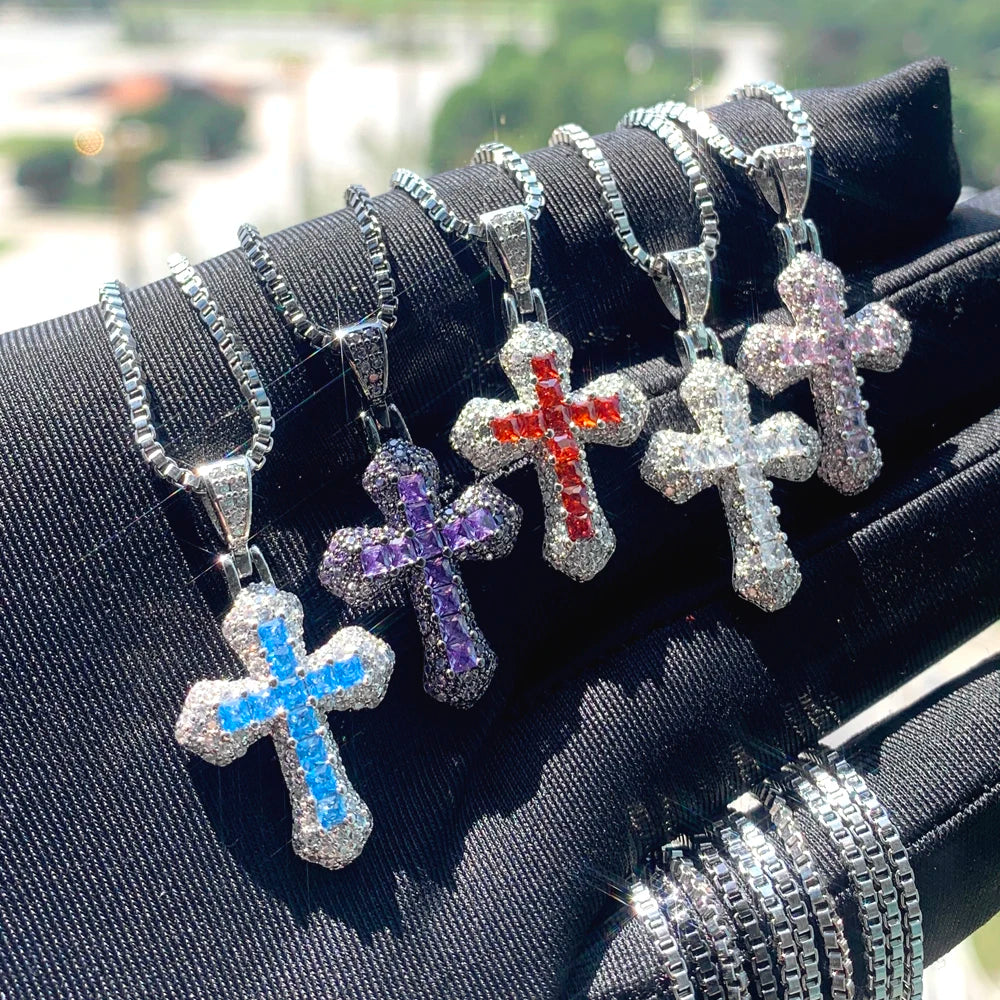 2025 Pink Red White Purple Blue 5 Color Cute Mini Small Colorful CZ Cross Pendant Necklace Hip Hop Men Women Fashion Jewelry